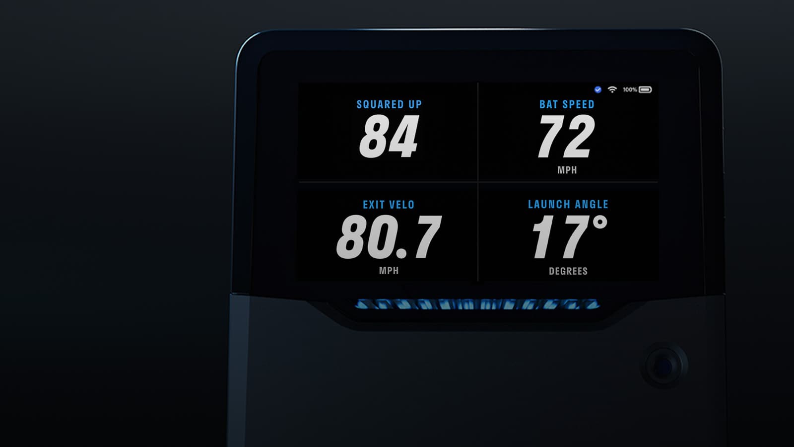 The Full Swing KIT unit's on-device display showing live hitting metrics immediately after a swing.